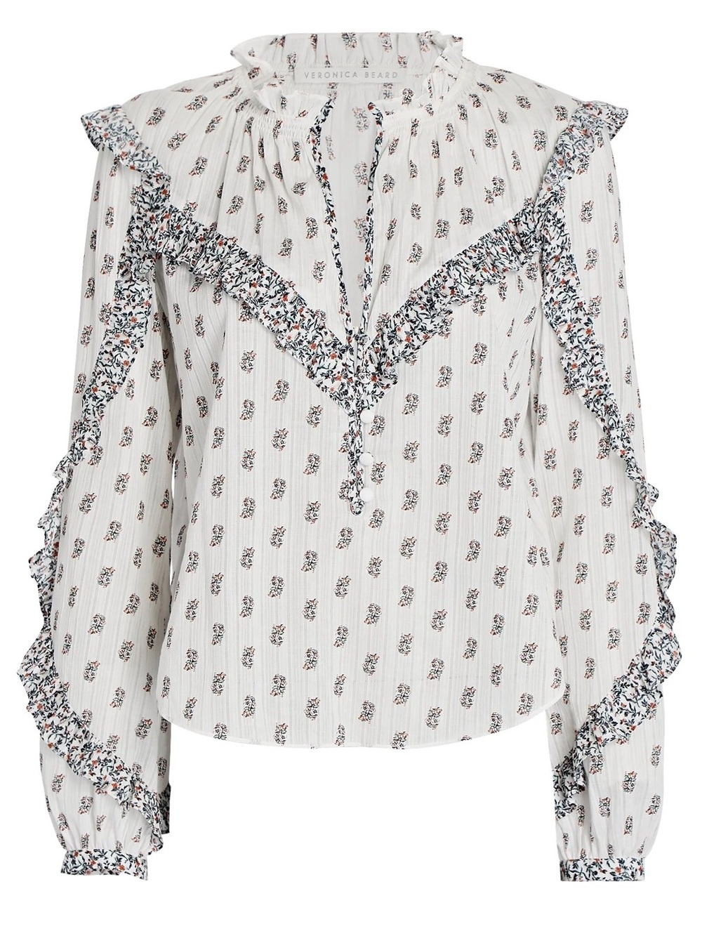 Veronica Beard White Floral Ruffle Tie-Front Blouse